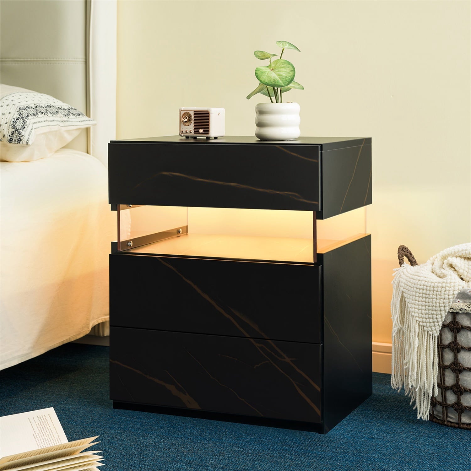 Hommoo 3 Drawer Dresser LED Nightstands, End Table Bedside Tables for Bedroom, Living Room, Black Gold