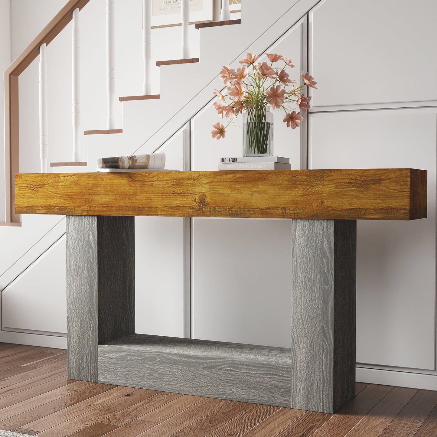 Hommoo 63" Wooden Console Table, Farmhouse 2-Tier Sofa Table, Entryway Table Hallway Table, Brown & Gray