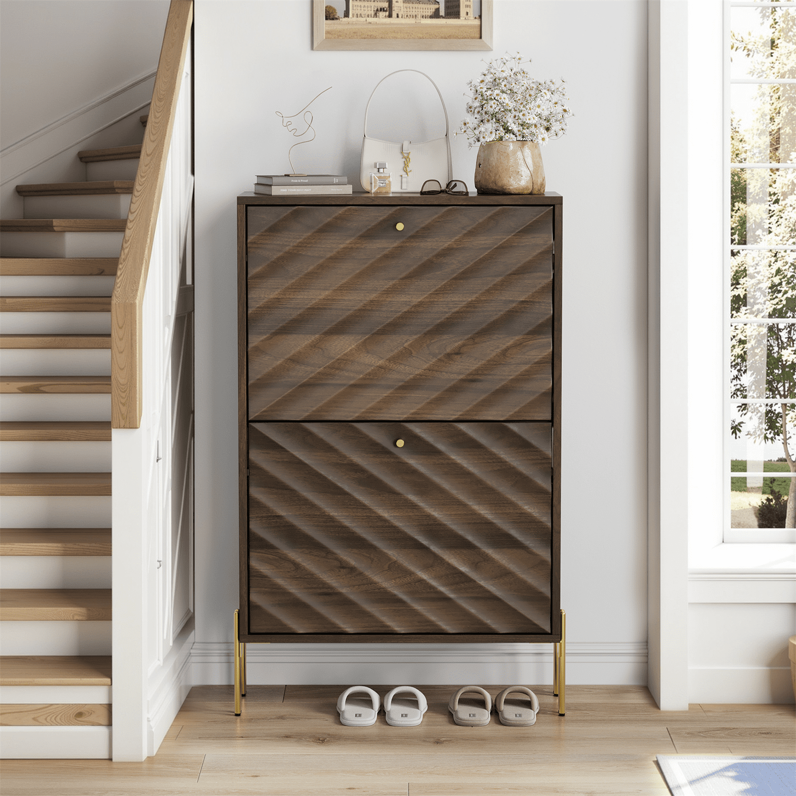 Hommoo Freestanding Shoe Cabinet with 2 Flip Drawers, Mid-century Narrow Shoes Storage Organizer Cabinet for Entryway, Walnut