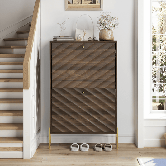 Hommoo Freestanding Shoe Cabinet with 2 Flip Drawers, Mid-century Narrow Shoes Storage Organizer Cabinet for Entryway, Walnut