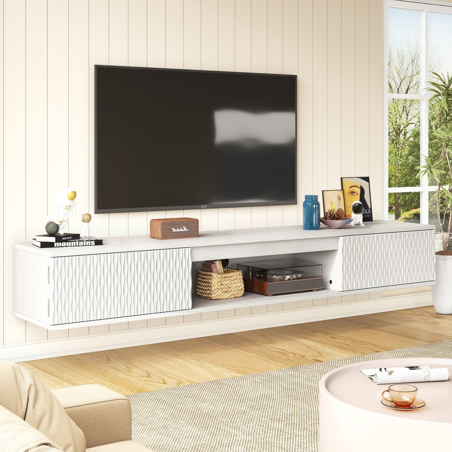 Hommoo Modern LED TV Stand, Rhombus Carved Surface Wall-Mounted TV Cabinet with Double Doors &Open Shelf, Entertainment Center with Storage, White