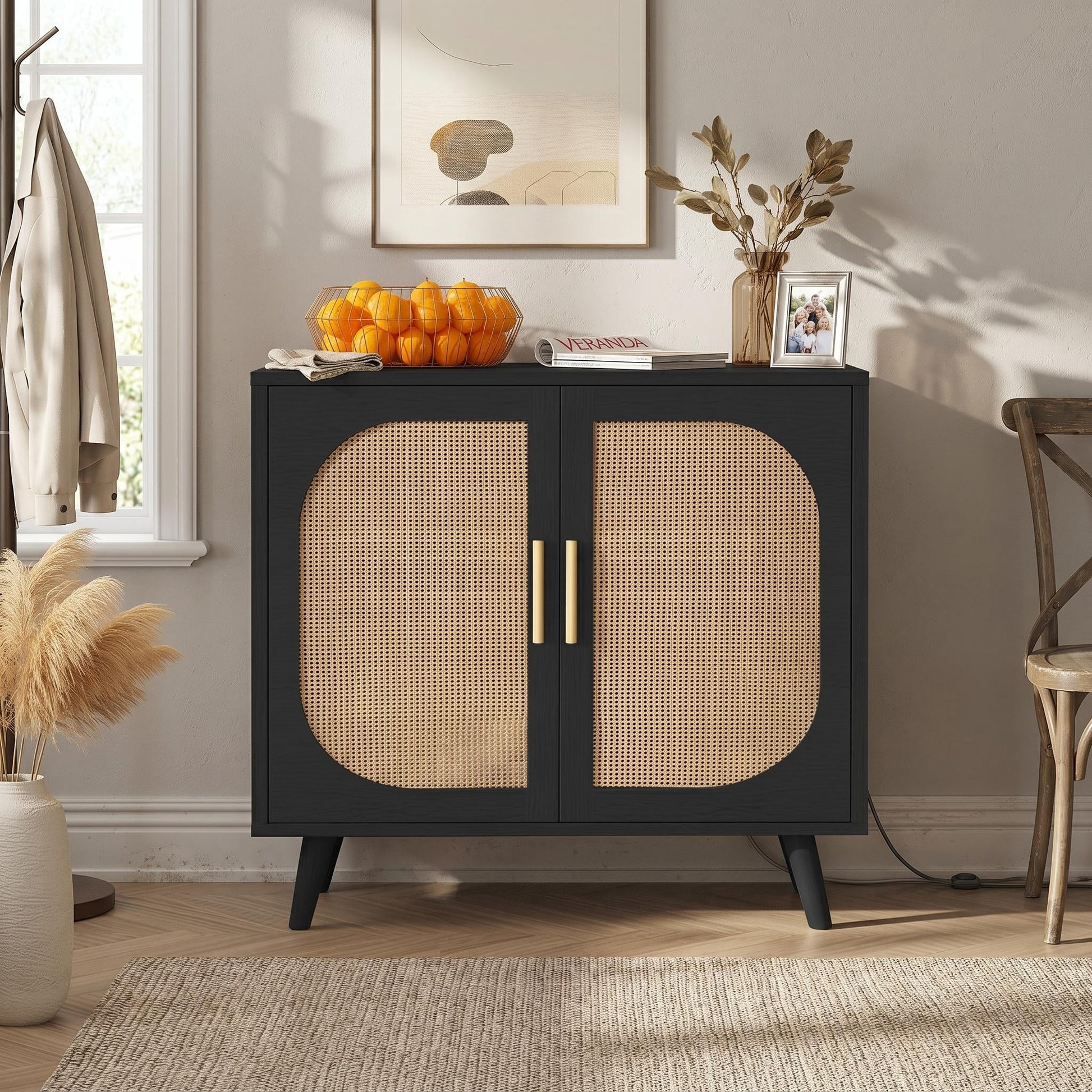 Homy Casa Accent Cabinet, 2-Door Rattan Storage Cabinet with Shelves, Black