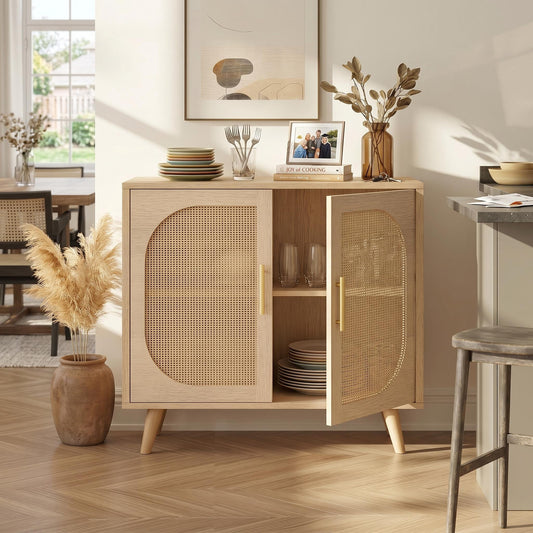 Homy Casa Accent Cabinet, 2-Door Rattan Storage Cabinet with Shelves, Natural