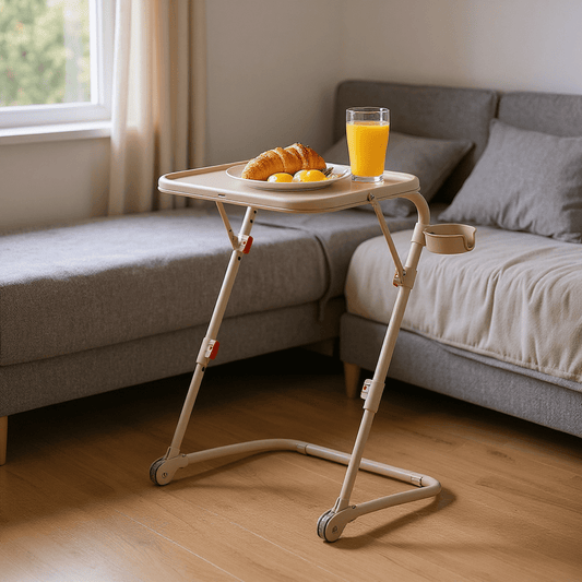 Homy Casa Folding TV Tray Table with Cup Holder, Adjustable Snack Table for Bed, Sofa, Couch, Beige
