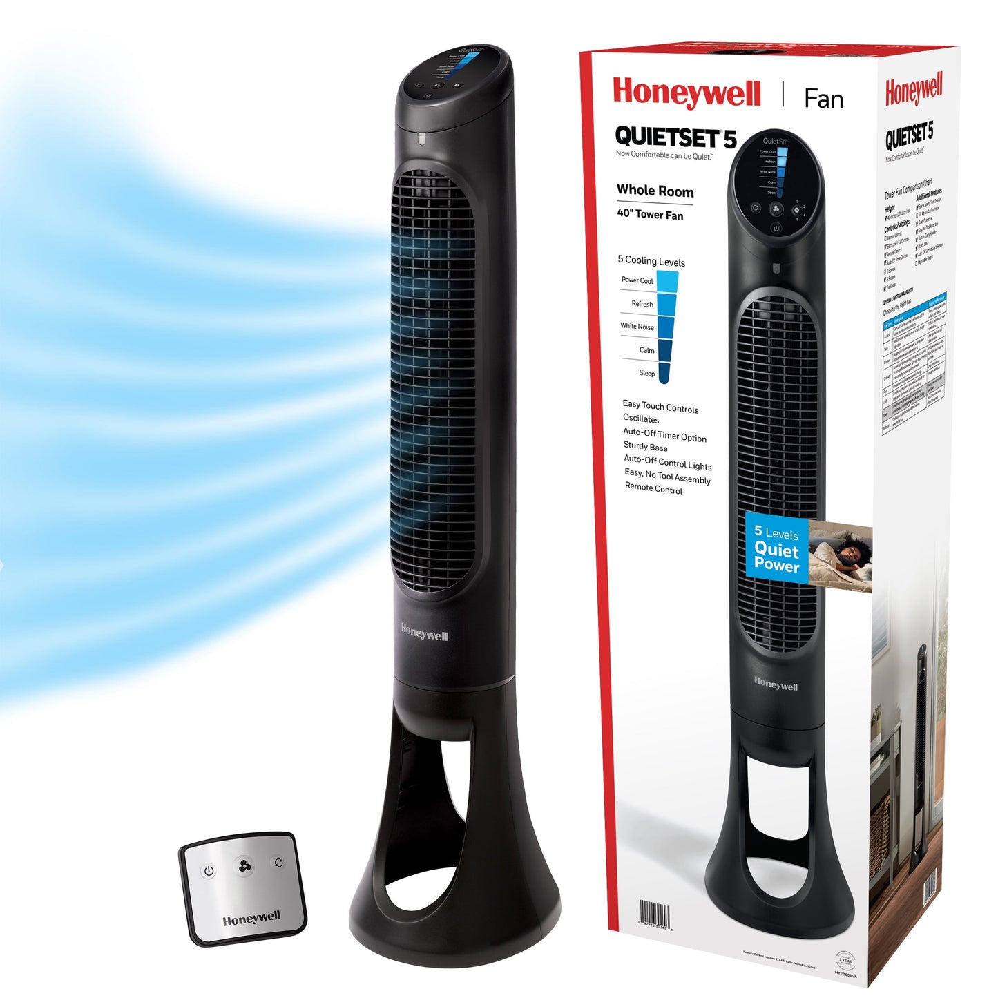 Honeywell Ventilador de Torre Oscilante Quiet Set Negro de 40", Potencia de CirculaciÃ³n de Aire de 30 Ft, 5 Velocidades, Temporizador de Apagado AutomÃ¡tico, HYF260B