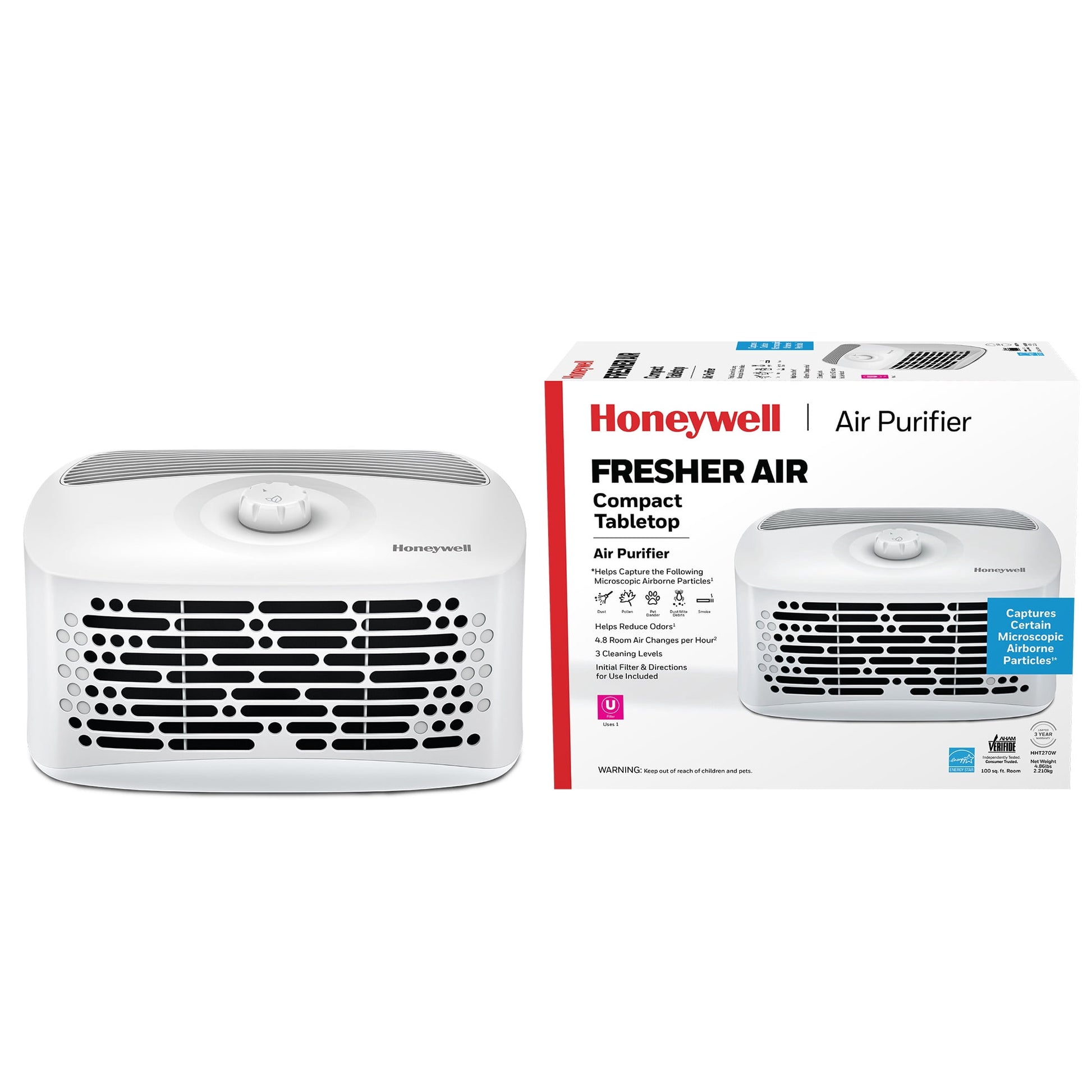 Honeywell Purificadores de Aire para el Hogar, 465 Pies Cuadrados, de Mesa, Reduce Polvo, Polen, Caspa de Mascotas, Olores, Reductor Compacto de AlÃ©rgenos, Blanco HHT270