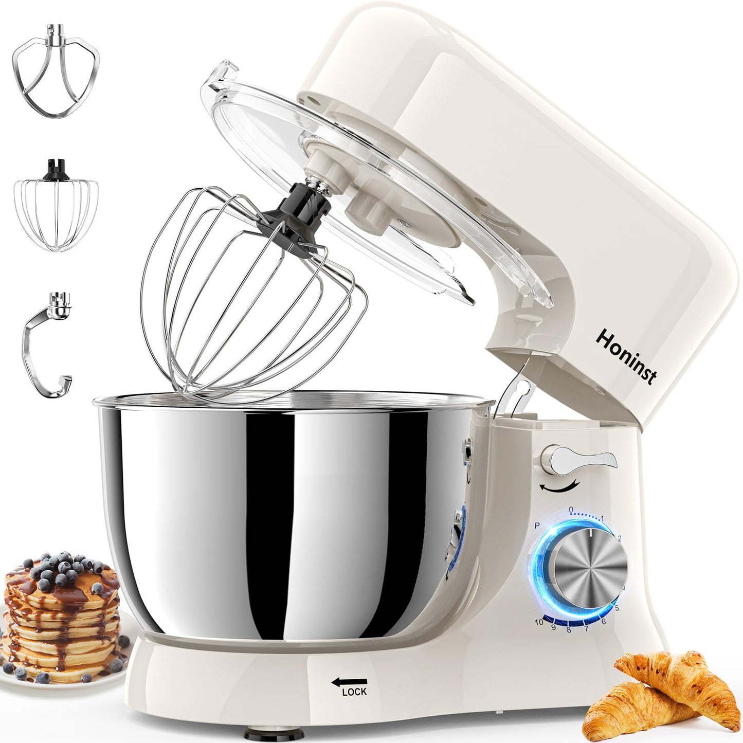 Honinst Stand Mixer，3-In-1 10-Speed 660W 5.5QT Tilt-Head Food Mixer， Electric Mixer with Bowl, Dough Hook, Whisk and Beater，Kitchen Mixer for Baking, Cake and Most Home Cooks, Beige C95