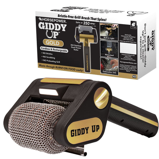 Horsepower Giddy Up GOLD Bristle-Free Spinning Grill Brush w/ LED, AS-SEEN-ON-TV, Cordless & Rechargeable, 304 Stainless Steel Power Roller Blasts Away Burnt-On Food, No Bristles, No Preheating