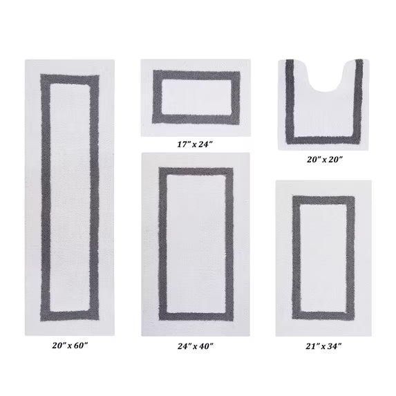 Better Trends 5 Piece Bathroom Rugs Set 100% Cotton Bath Rug Soft, Water Absorbent, Reversible, Machine Washable for Bathroom Decor Toilet Base Contour, Runner Mat Hotel Collection - White/Gray