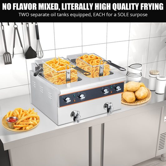 Huloretions Immersion Deep Fryer Electric Deep Fryer, 6L Stainless Steel Deep Fryers with Oil Drain,Oil Drain Valve,removable basket,30 Min Timer, Swung Up Fryer Head, 1800W 120V Commercial Countertop