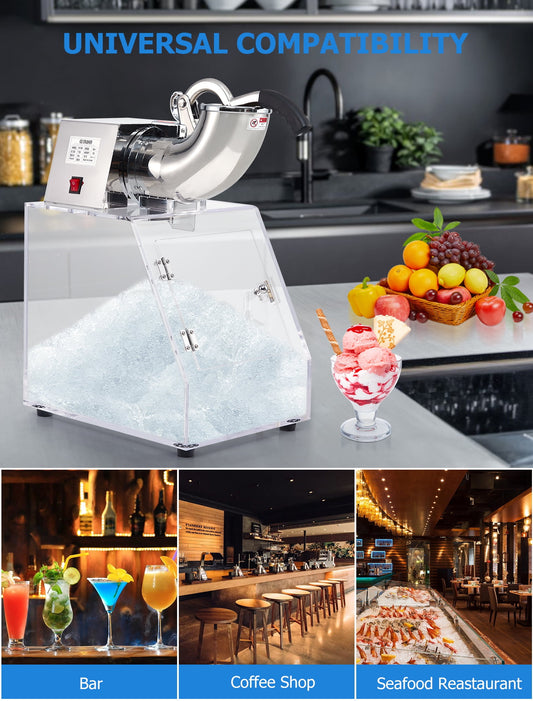 Huloretions Stainless Steel Shaved Ice Machine - Perfect Ice Crushing for Family Fun - Dual Blades, Commercial Grade, 440 LBS/H Capacity, Ideal for Restaurants & Bars