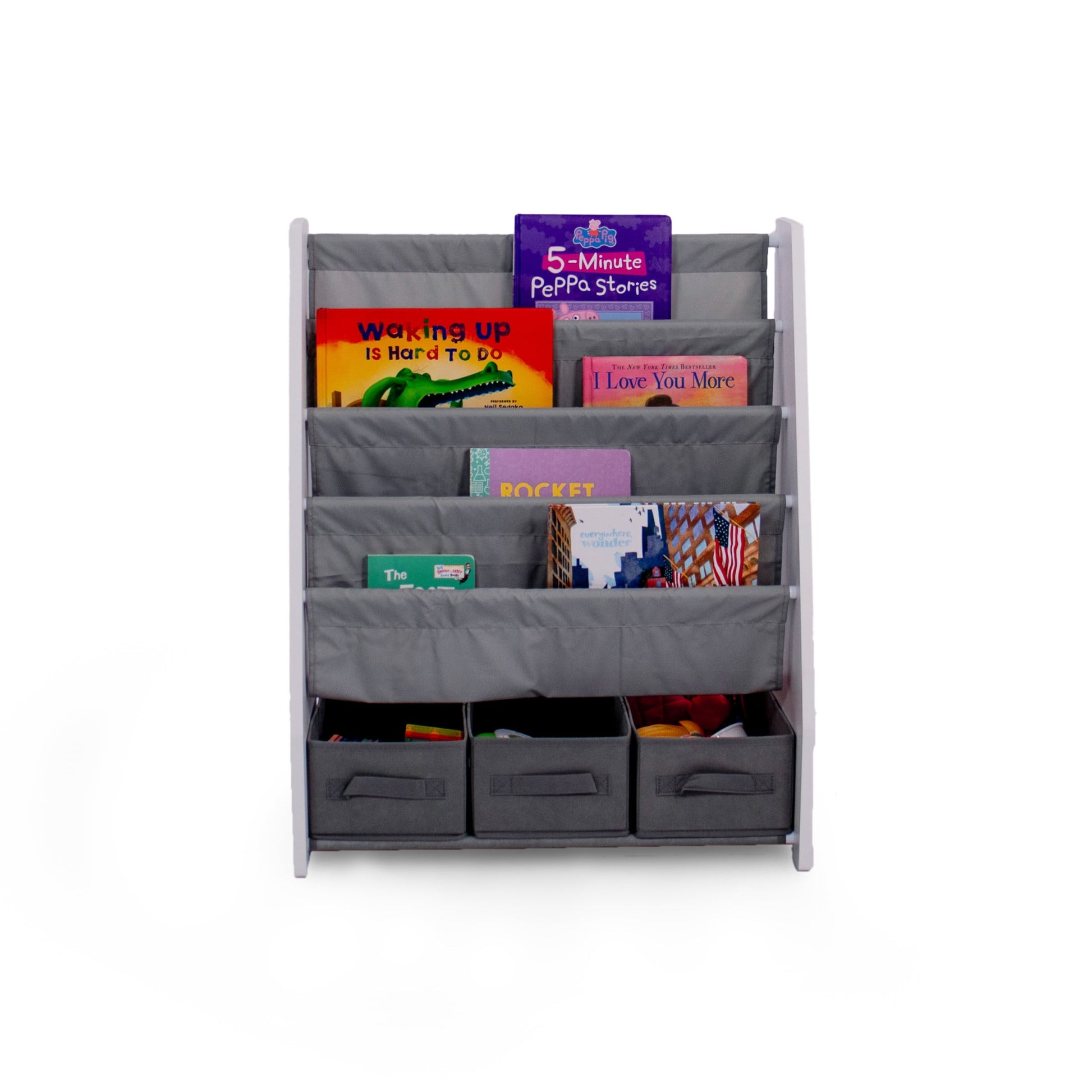 Humble Crew Kids Bookshelf 4 Tier Book Storage and Fabric Bin Organizer, Grey/White