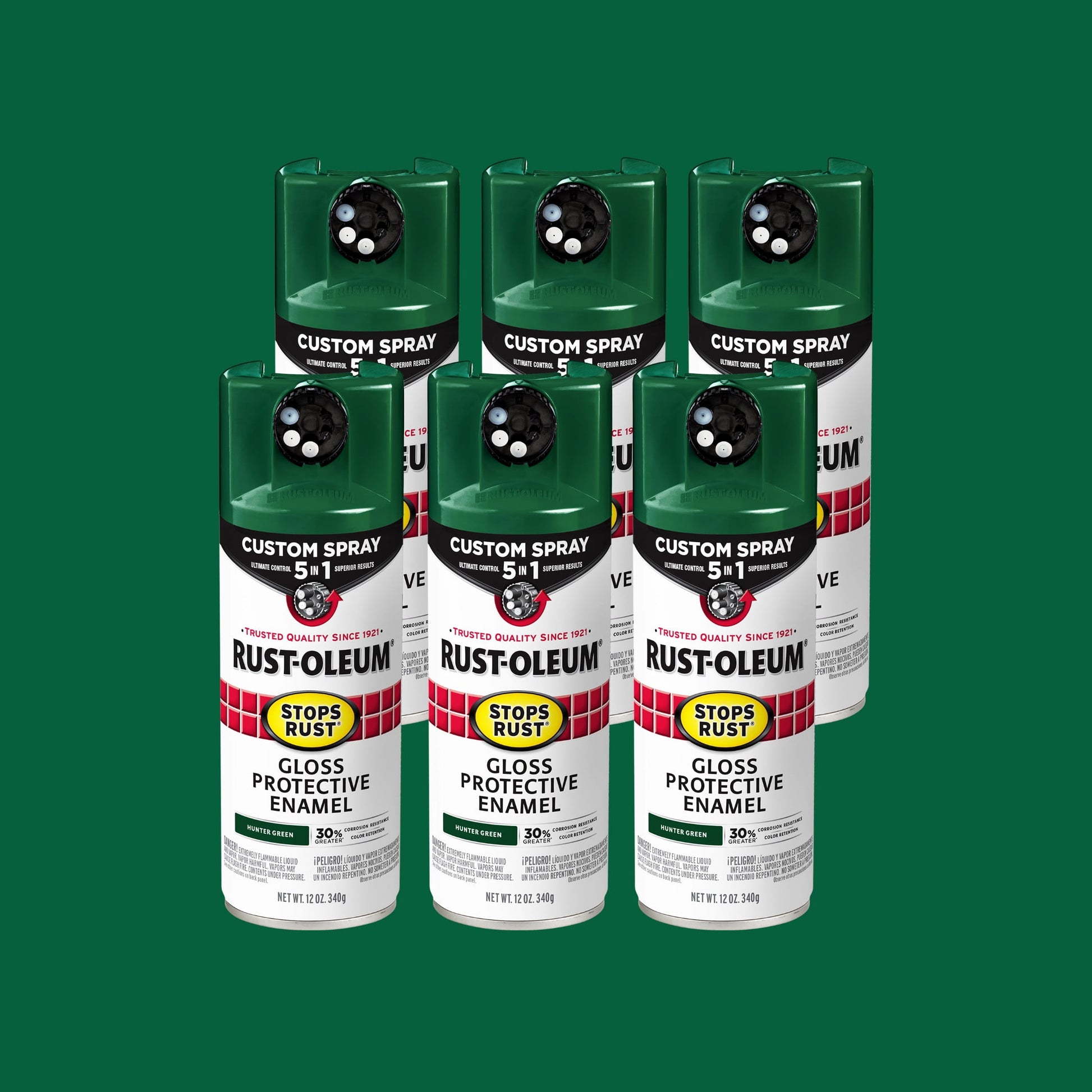 6 Pack, Hunter Green, Rust-Oleum Stops Rust Custom Spray 5 in 1 Gloss Spray Paint-376891, 12 oz