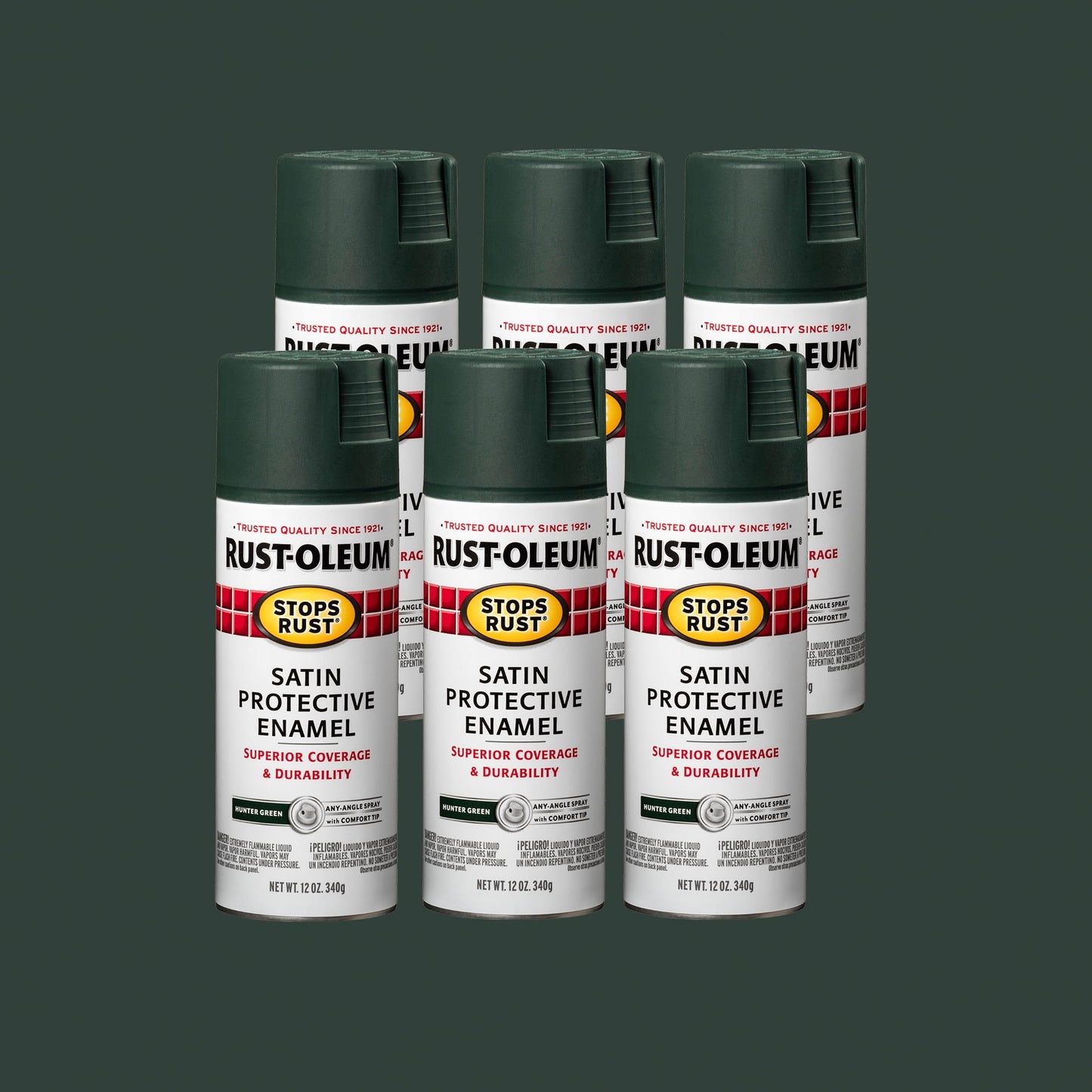 6 Pack, Hunter Green, Rust-Oleum Stops Rust Satin Protective Enamel Spray Paint-7732830, 12 oz