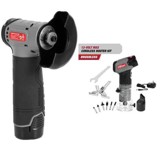 Hyper Tough 12V Max* Brushless Palm Edge Router with 1.5Ah Battery and Charger and Hyper Tough 12Volt 3-inch Disc Brushless Cut-off Tool, 1.5 AH Battery Bundle