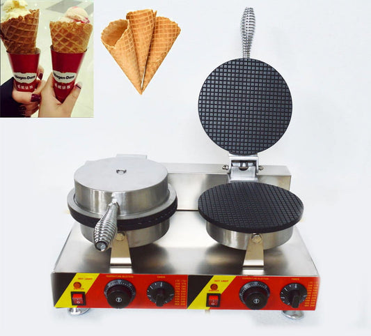 INTBUYING Electric Ice Cream Cone Maker Machine Double Station Baker for Round Cone Waffle Crispy Pancake Cooking