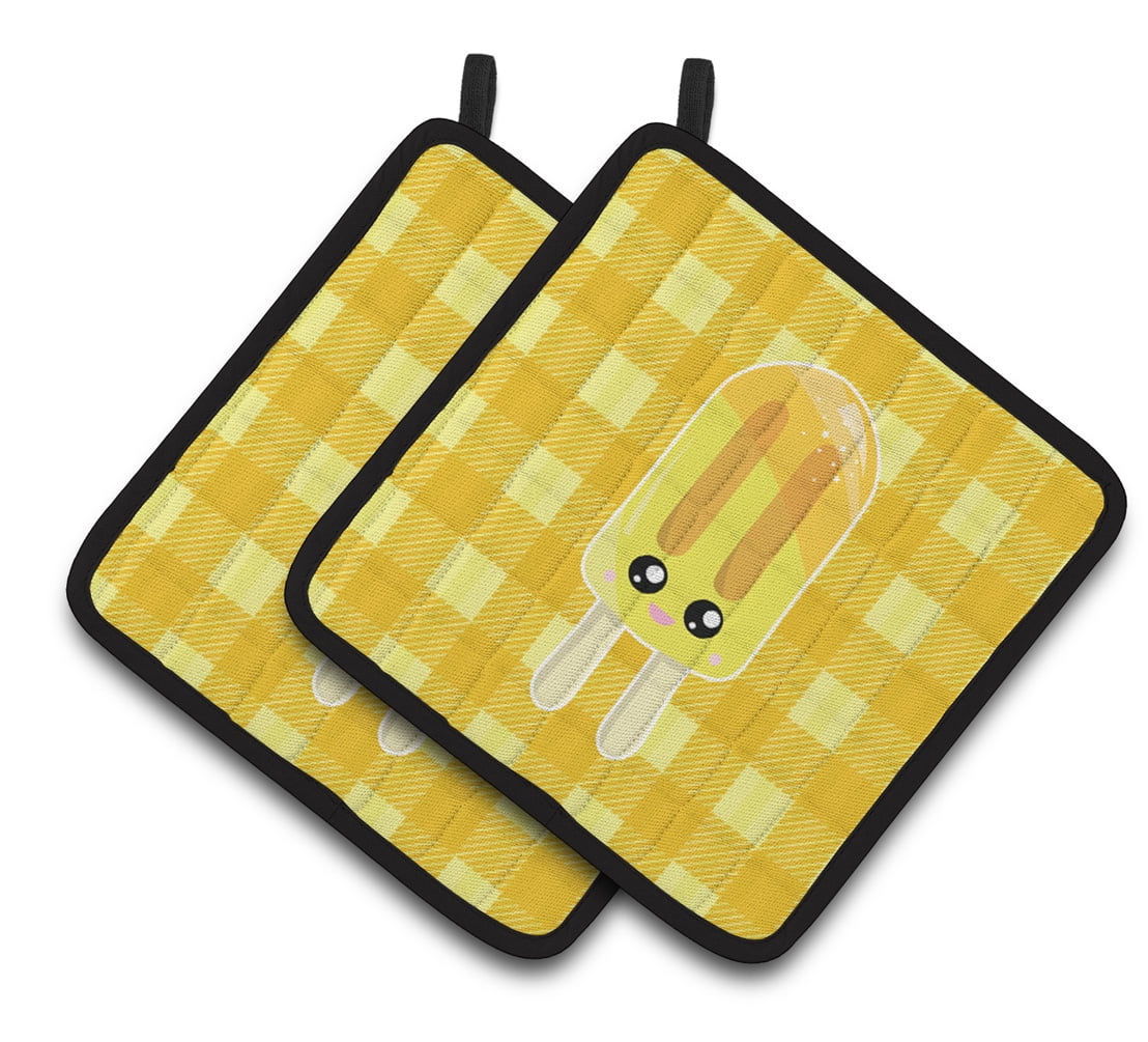 Caroline's Treasures Ice Pop Popcicle Face Gingham Yellow Pair of Pot Holders