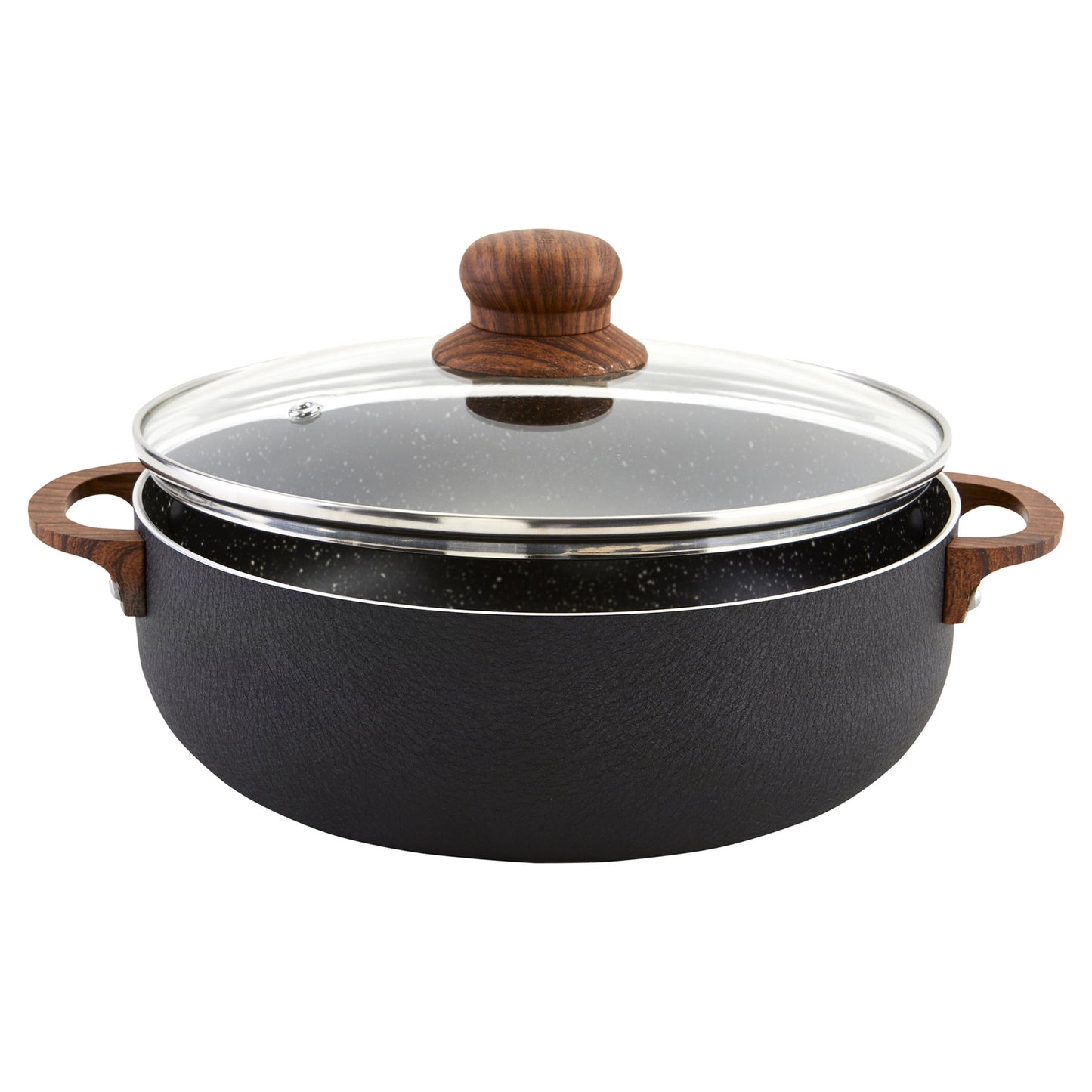 IMUSA Caldero Antiadherente de 4.4qt de Aluminio Negro con Tapa de Vidrio y Asas de Aspecto de Madera, Negro