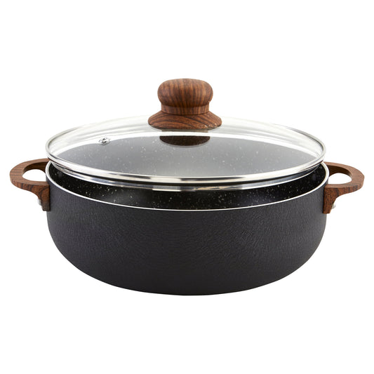IMUSA Caldero Antiadherente de 4.4qt de Aluminio Negro con Tapa de Vidrio y Asas de Aspecto de Madera, Negro