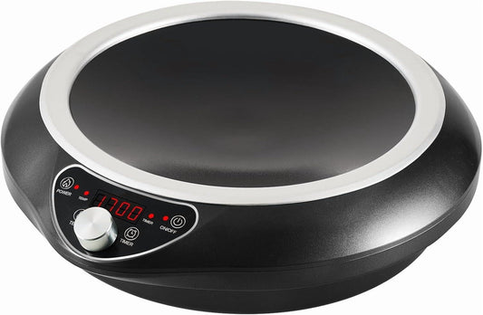 Induction Wok Cooktop, Induction Burner & Carbon Steel Wok with Lid, Rack, 16 Levels Power & Temprature Control, 18 Hours Timer, Auto-off Electric Wok 1700W (Black 110V~120V)