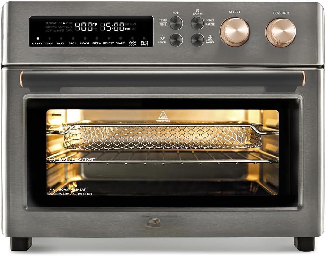 Infrared Heating Air Fryer Toaster Oven, Extra Large Countertop Convection Oven 10-in-1 Combo, 6-Slice Toast, Enamel Baking Pan Easy Clean with Recipe Book, Black Matte Stainless Steel