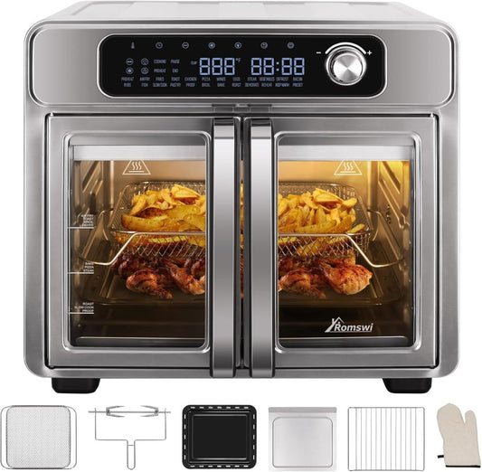 JHBP 26QT French Door Air Fryer Toaster Oven Combo, 24 Cooking Functions and Digital Controls, Fits 12" Pizza, 6 Slices of Toast, Rotisserie 6lb Chicken, 6 Accessories Included