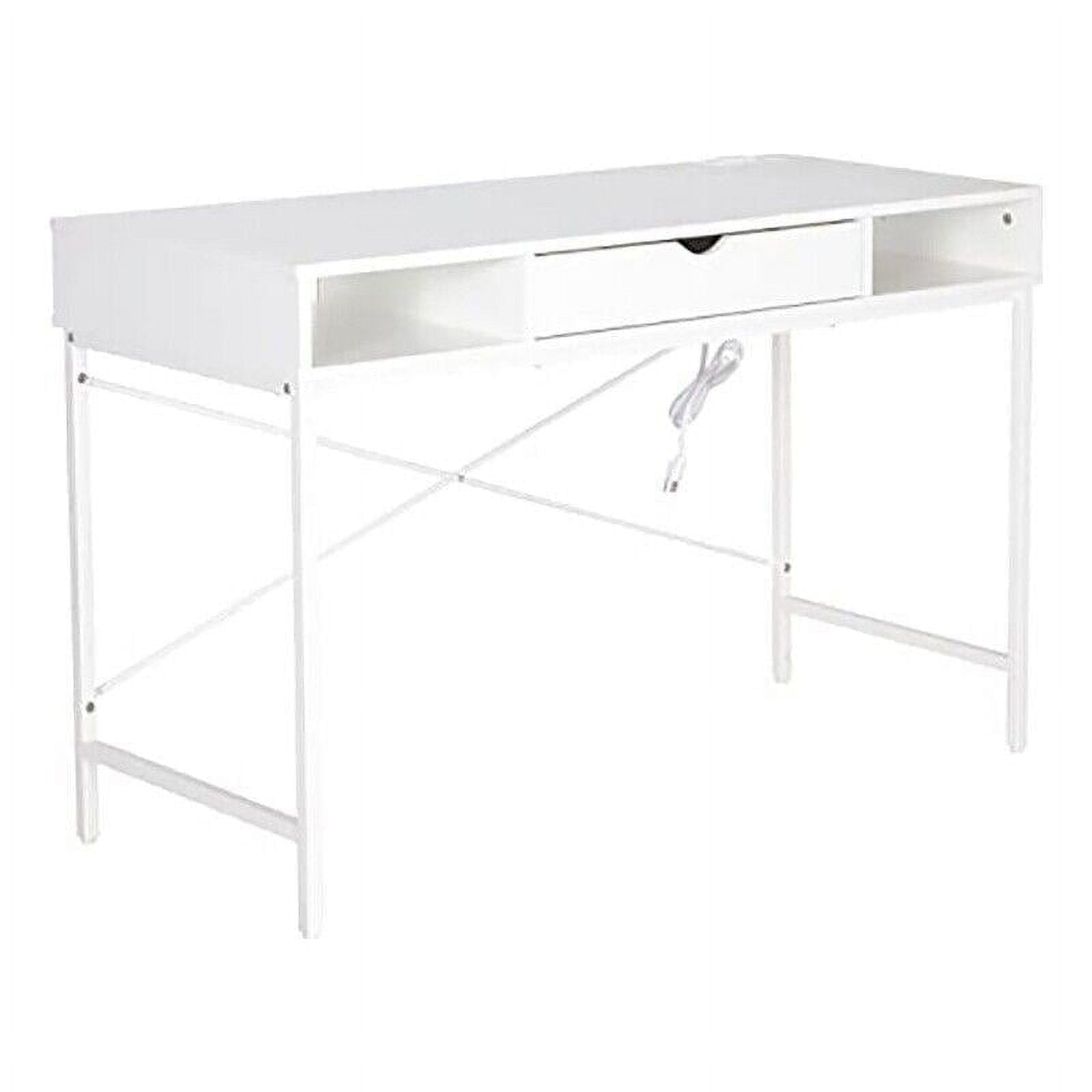 JJS 48' Writing Desk with Power Outlet, Home Office Contemporary Large Computer Desk Laptop Workstation with Drawer USB Ports Charging Station, White