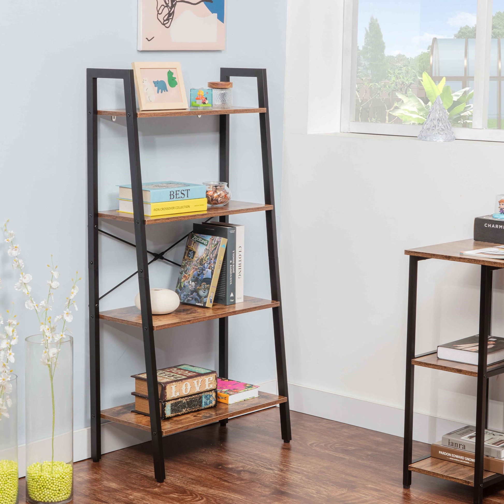 JJS Industrial 4-Tier Bookshelf, Freestanding Rustic Display Bookcase Storage Rack Shelf Plant Stand for Living Room Home Office, Brown
