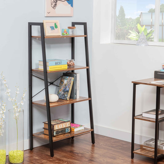 JJS Industrial 4-Tier Bookshelf, Freestanding Rustic Display Bookcase Storage Rack Shelf Plant Stand for Living Room Home Office, Brown
