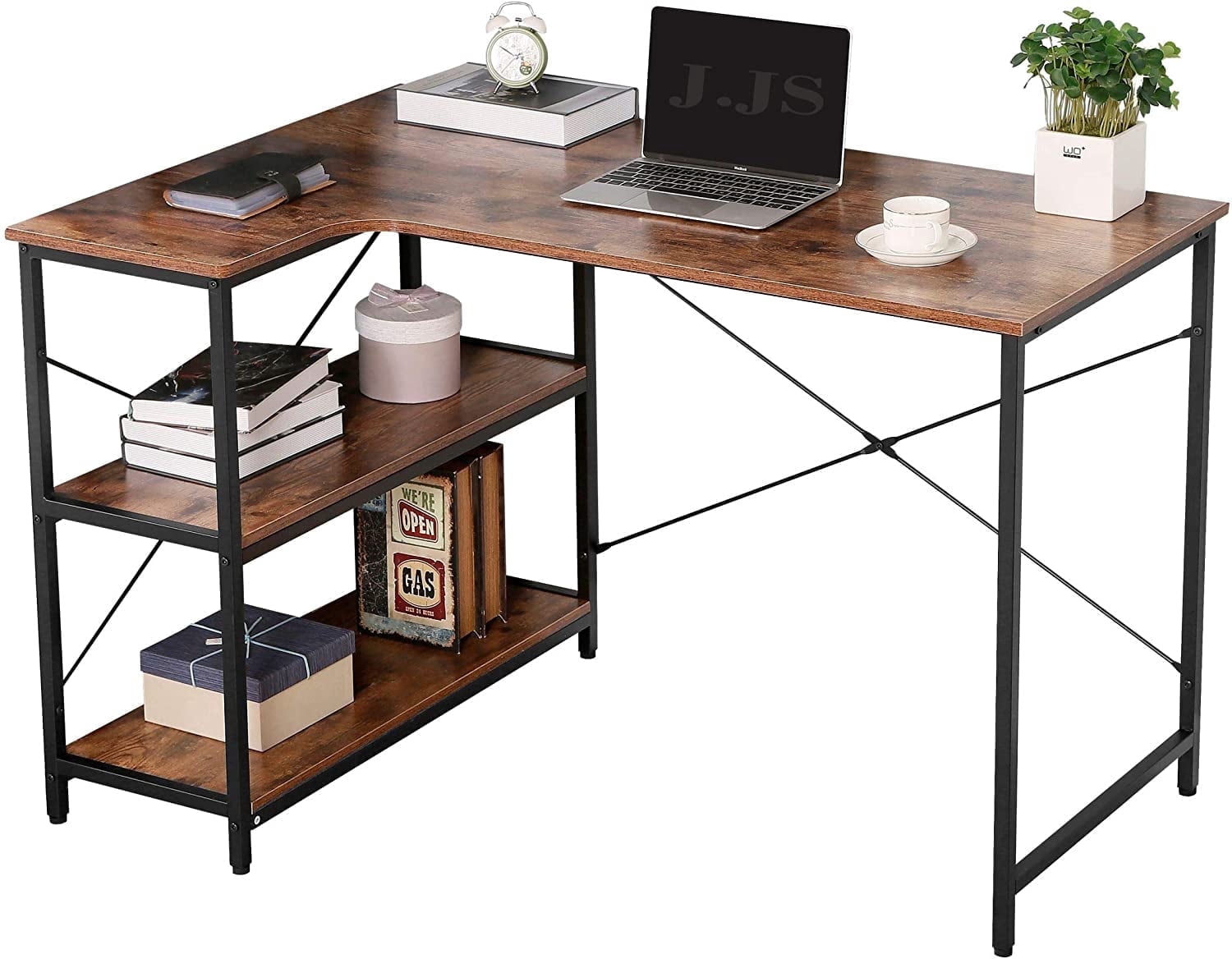JJS L-Shaped Home Office Corner Writing Computer Desk with Built-in Bookcase, Wood and Metal Modern Study Laptop Table Workstation with Storage Shelves for Small Spaces,Rustic Brown