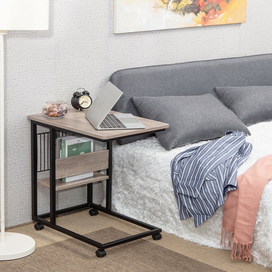 JJS Side End C Table with Magazine Holder for Sofa, Living Room Couch Table Snack Table That Slide Under for Small Spaces, Smoky Grey