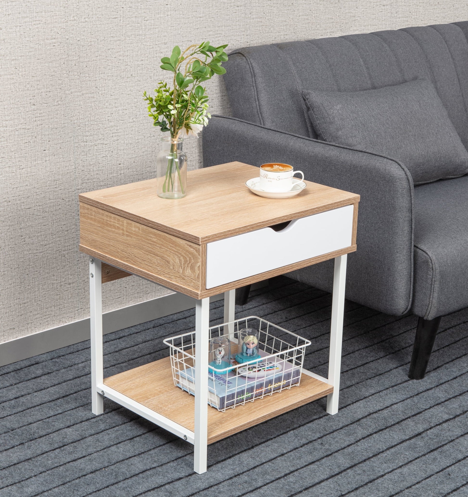 JJS Side End Table, Nightstand, Bedside Table with Drawer and Storage Shelves, Sofa Table for Living Room, Bedroom, Accent Furniture, Easy Assembly, Oak/White