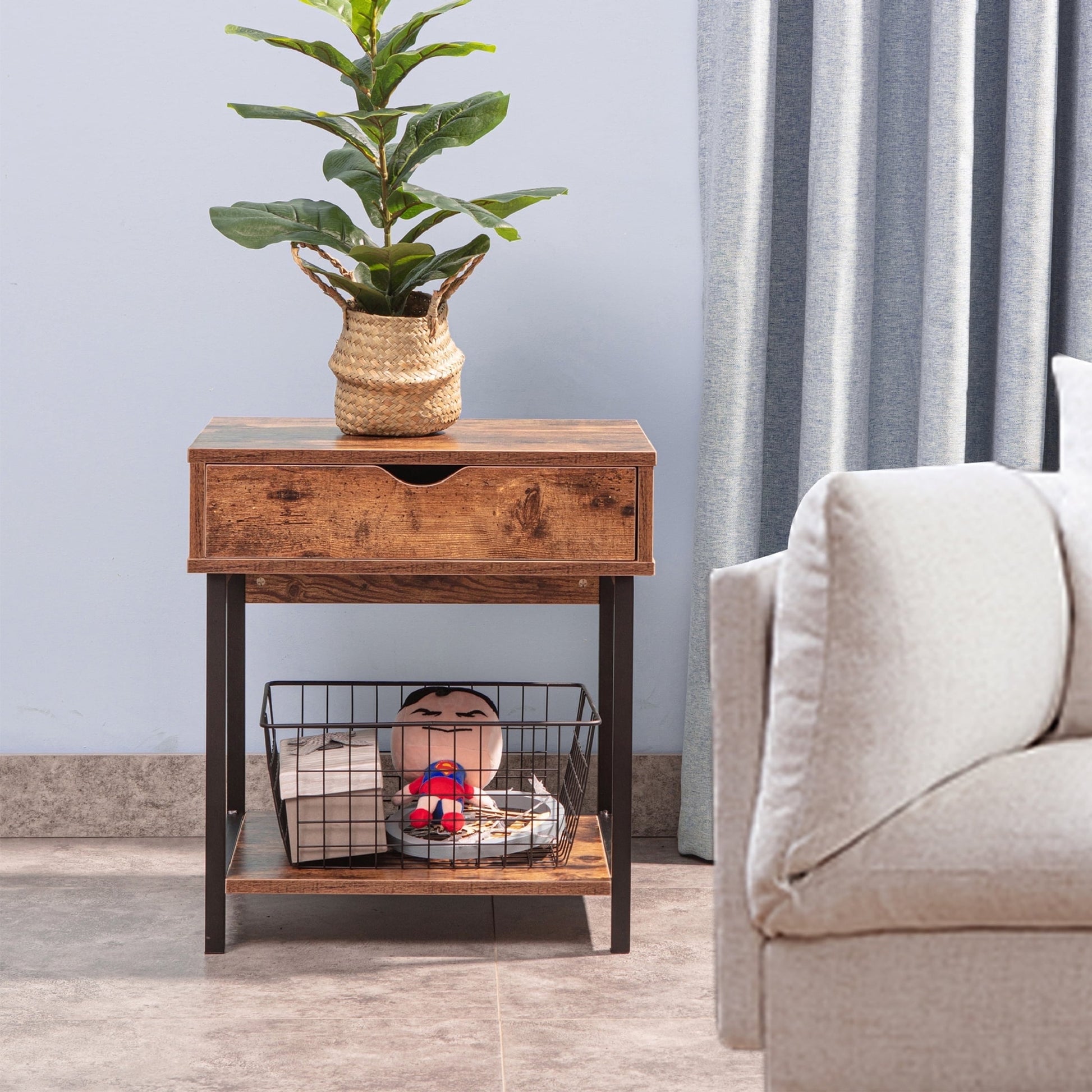 JJS Side End Table, Nightstand, Bedside Table with Drawer and Storage Shelves, Sofa Table for Living Room, Bedroom, Accent Furniture, Easy Assembly, Rustic Brown