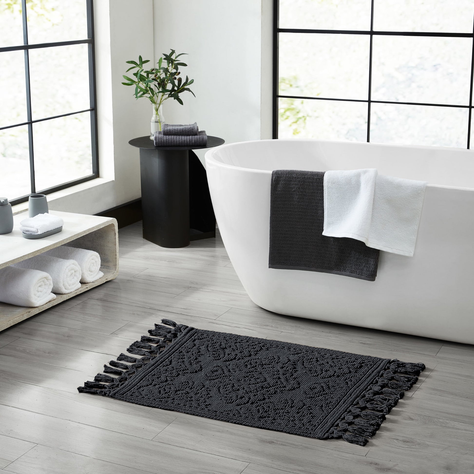 Jean Pierre Ricardo Cotton Fringe 2-Piece Bath Rug Set, Black