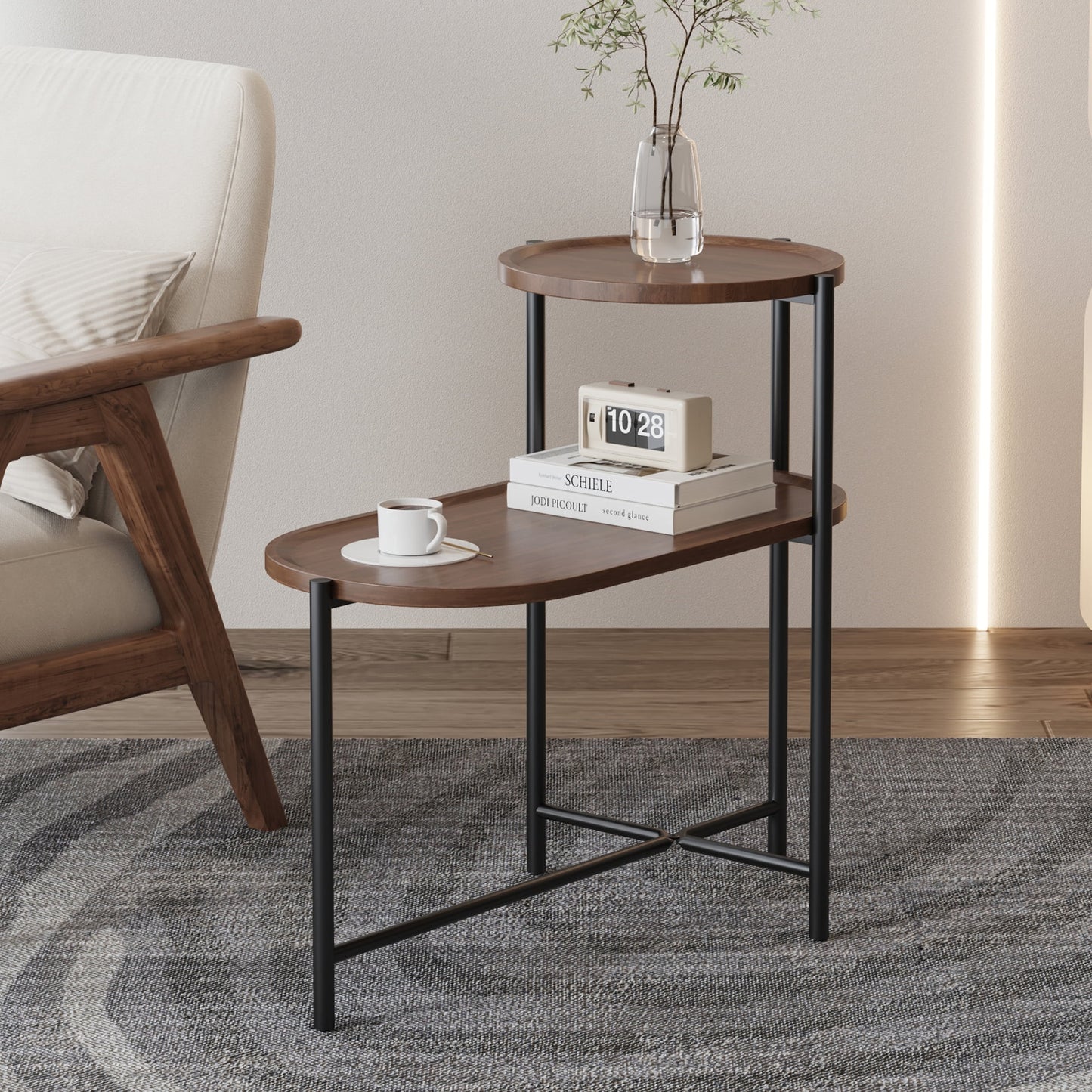 Jopath 2 Tier Oval End Tables Wooden Small Side Table, 27" Round Coffee Table with Storage Tray, Modern End Table for Living Room, Office, Apartment,Walnut Brown