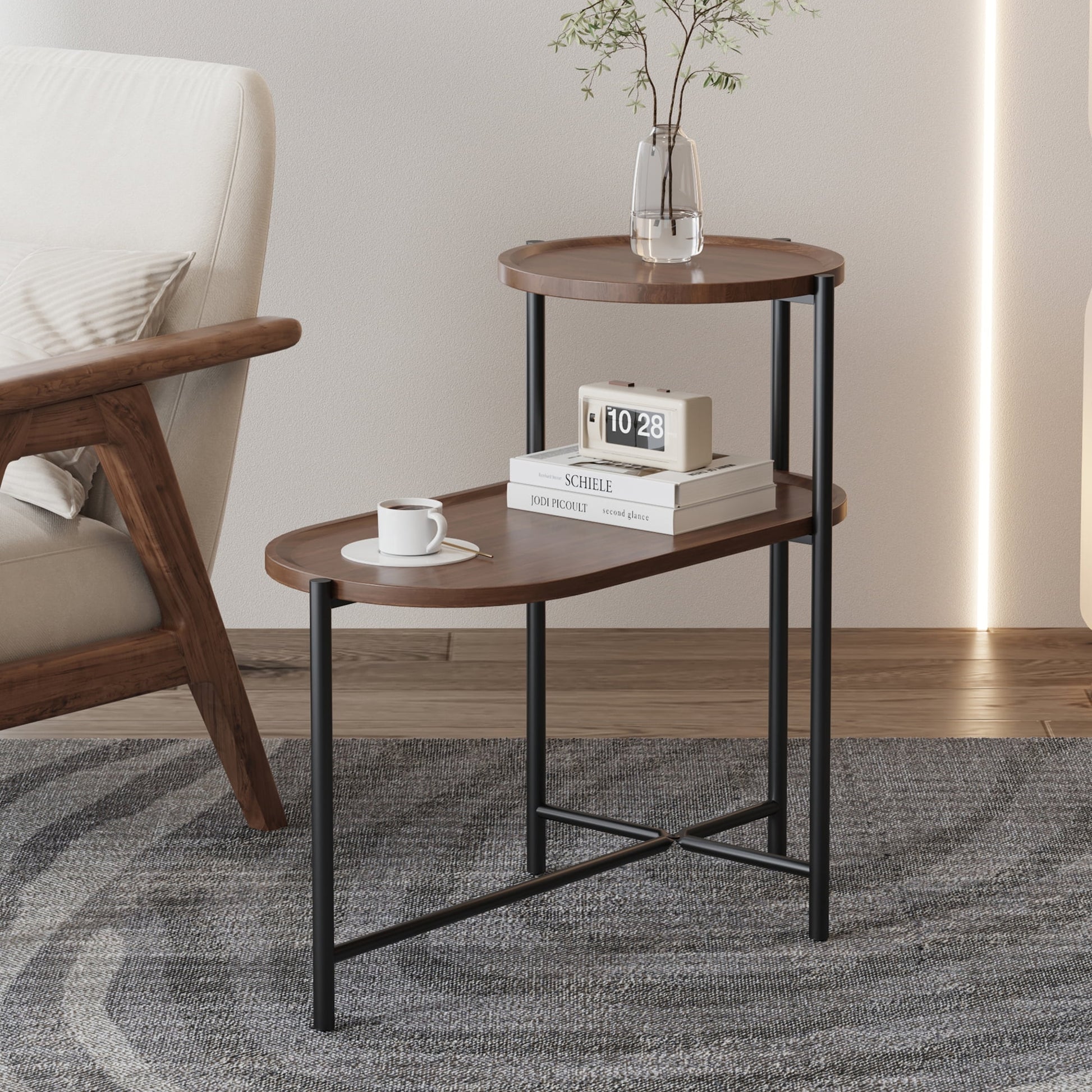 Jopath 2 Tier Oval End Tables Wooden Small Side Table, 27" Round Coffee Table with Storage Tray, Modern End Table for Living Room, Office, Apartment,Walnut Brown