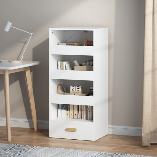 Jopath 4-Tier Bookcase with 3 Sliding Drawers and 1 Bottom Drawer,Kids Freestanding Bookshelf for Playroom,Bedroom,White