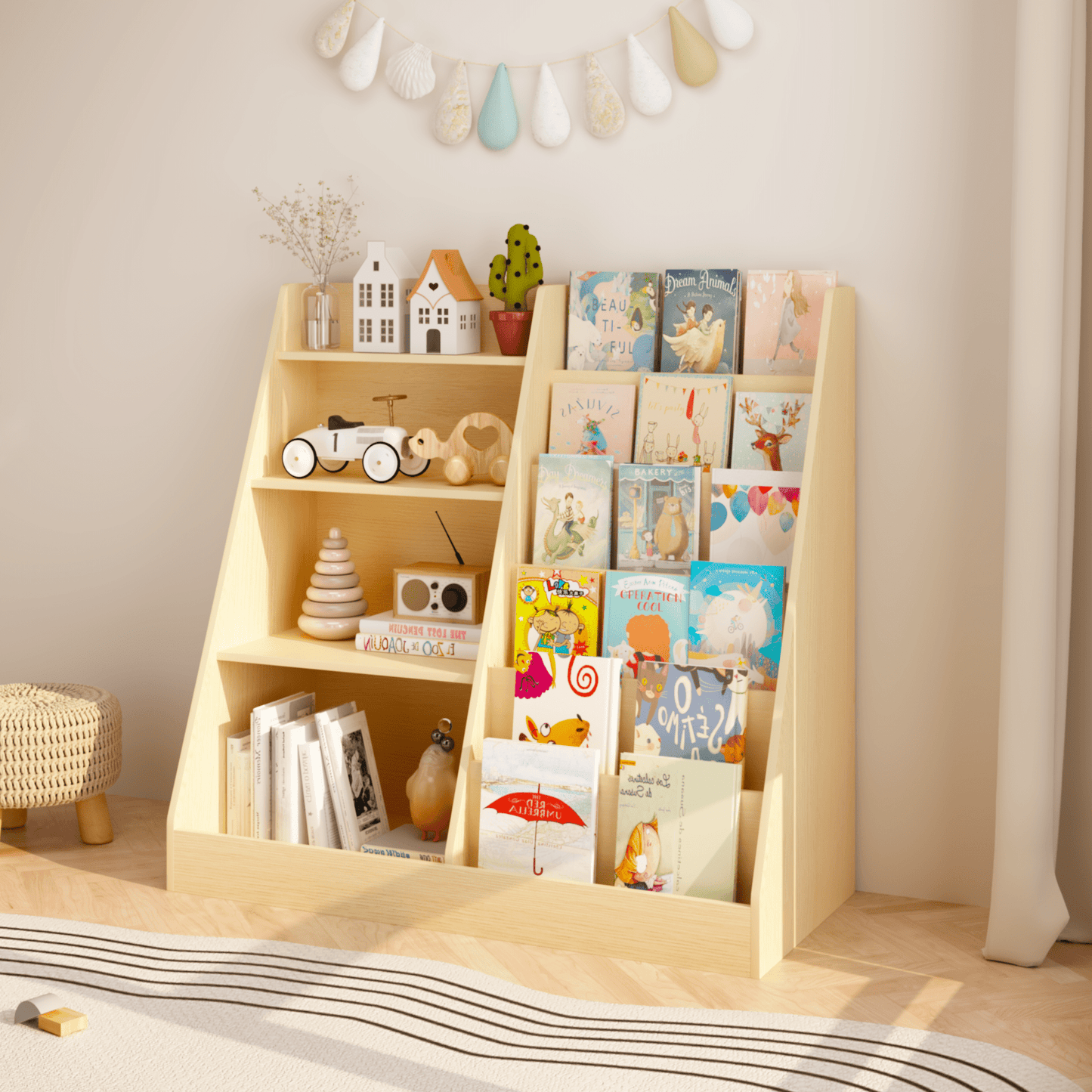 Jopath 4 Tier Kids Bookshelf and Toy Storage Organizer,Multifunctional Wooden Kids Book Shelf with Bookcase Display Stand for Kids Room,Playroom,Natural