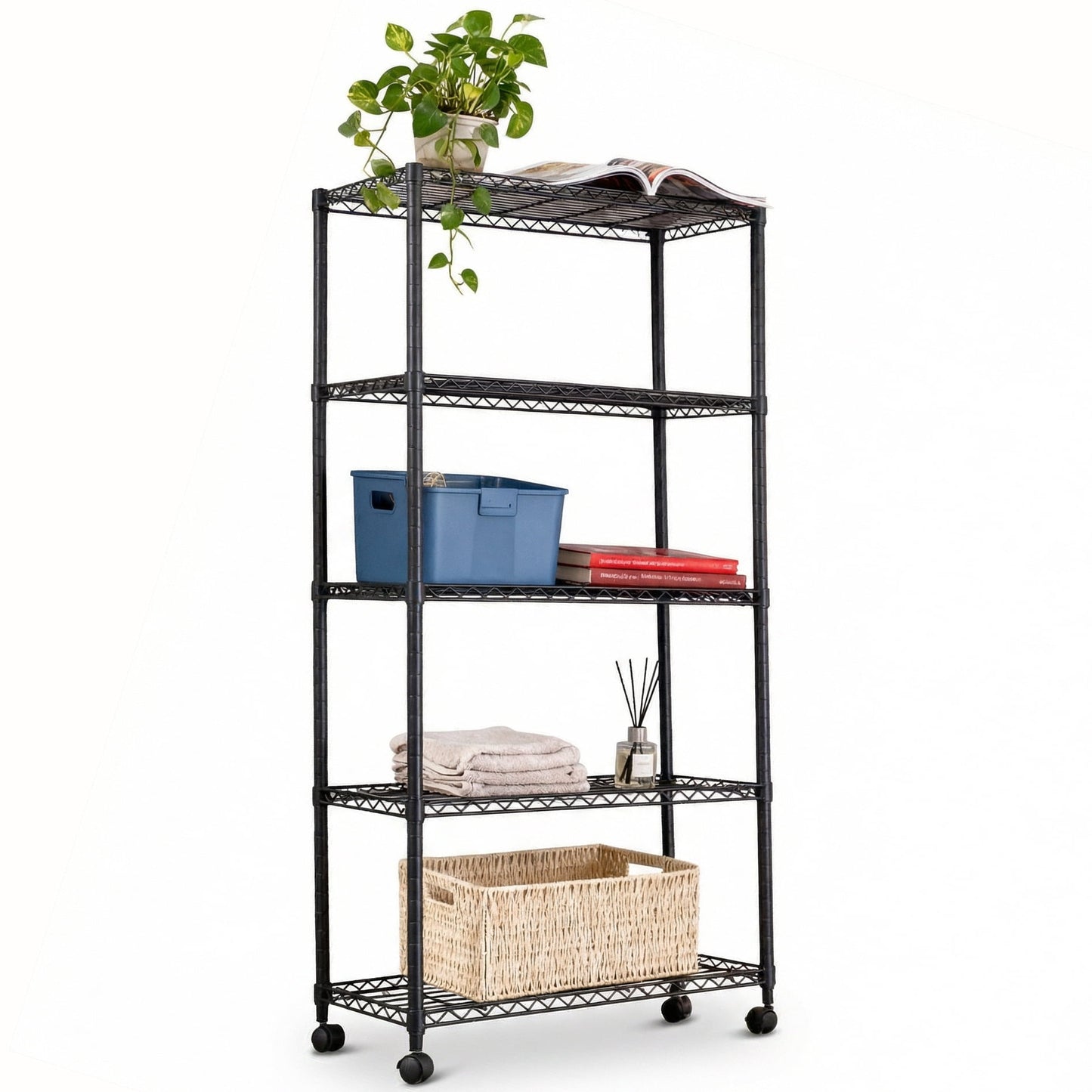 Jopath 5-Tier Wire Storage Shelves with Wheels,Adjustable Storage Units,1250 lb Load Capacity,30" D x 14" W x 63" H,Black,1 Pack