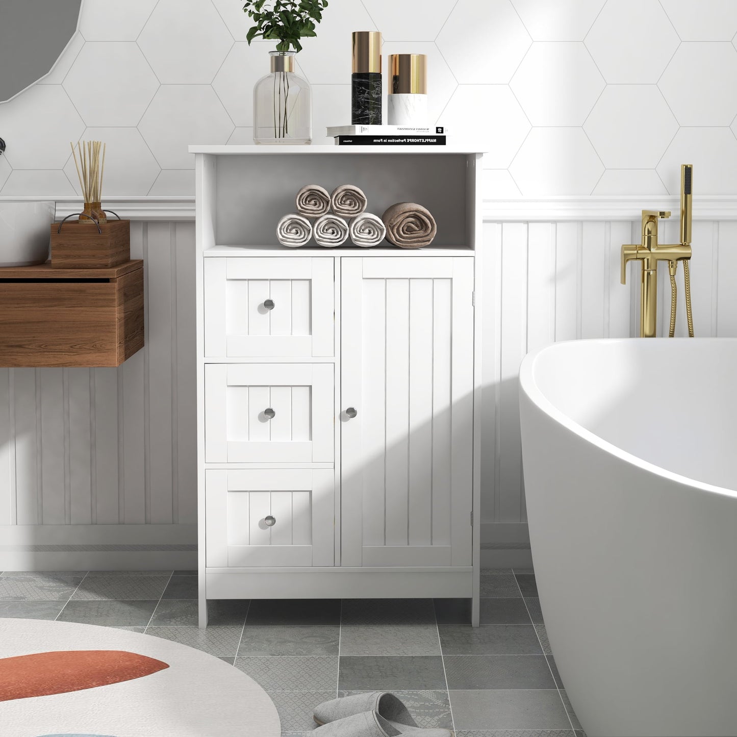 Jopath Bathroom Floor Cabinet, Free Standing Storage Cabinet With 3 Drawers And 1 Door For Home Living Room Office