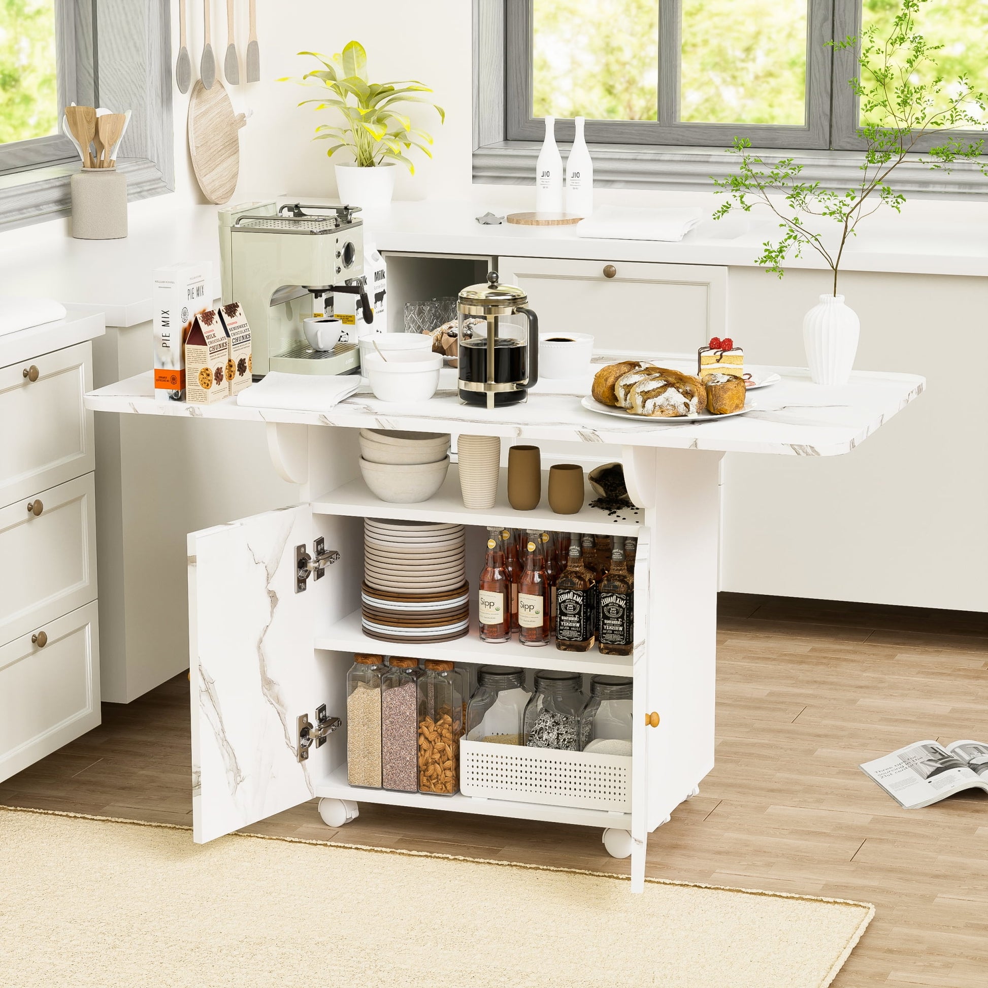 Jopath Folding Extendable Dining Table Set With 4 Chairs, 55'' Drop Leaf Wood Dining Room Table Set And 360Â° Wheels And There Are Storage Layers And Drawers For Small White