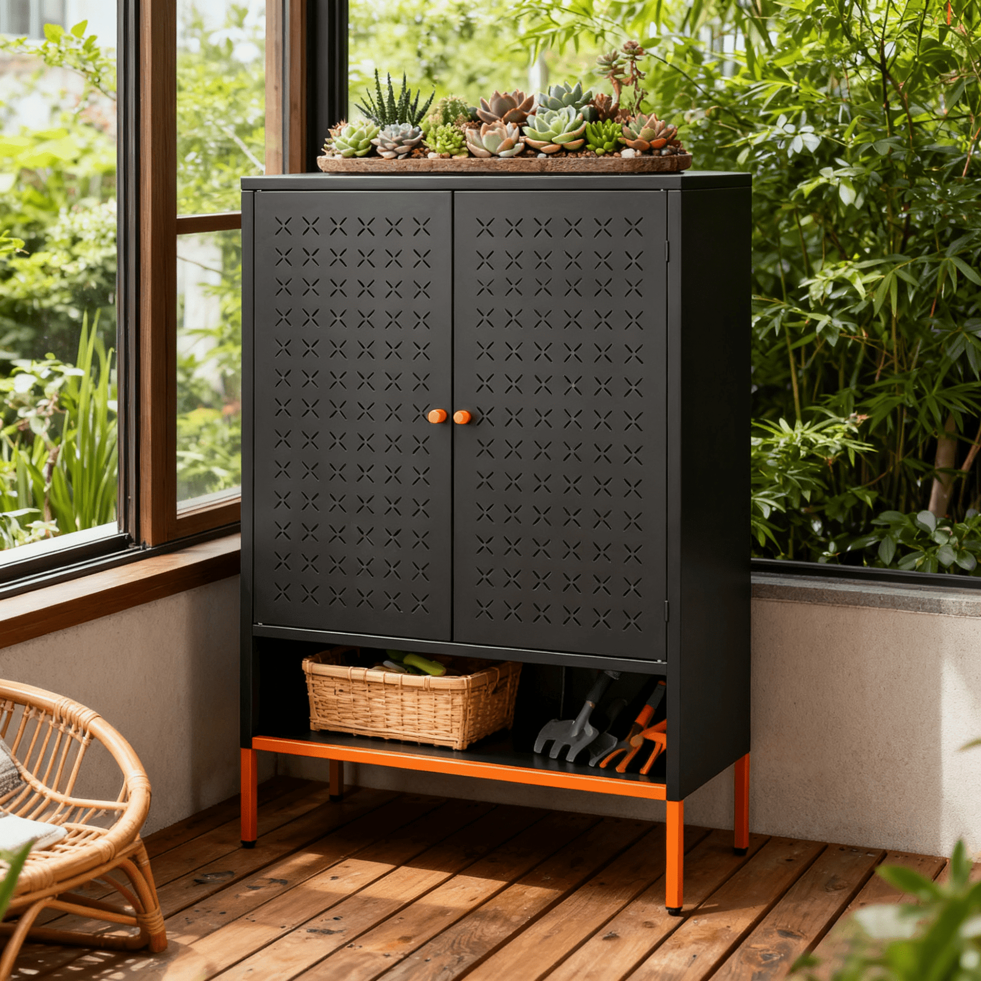 Jopath High-legged double-sided mesh door storage cabinet, equipped with movable double-layer shelves and hollow base, featuring moisture-proof and shock-resistant design, black
