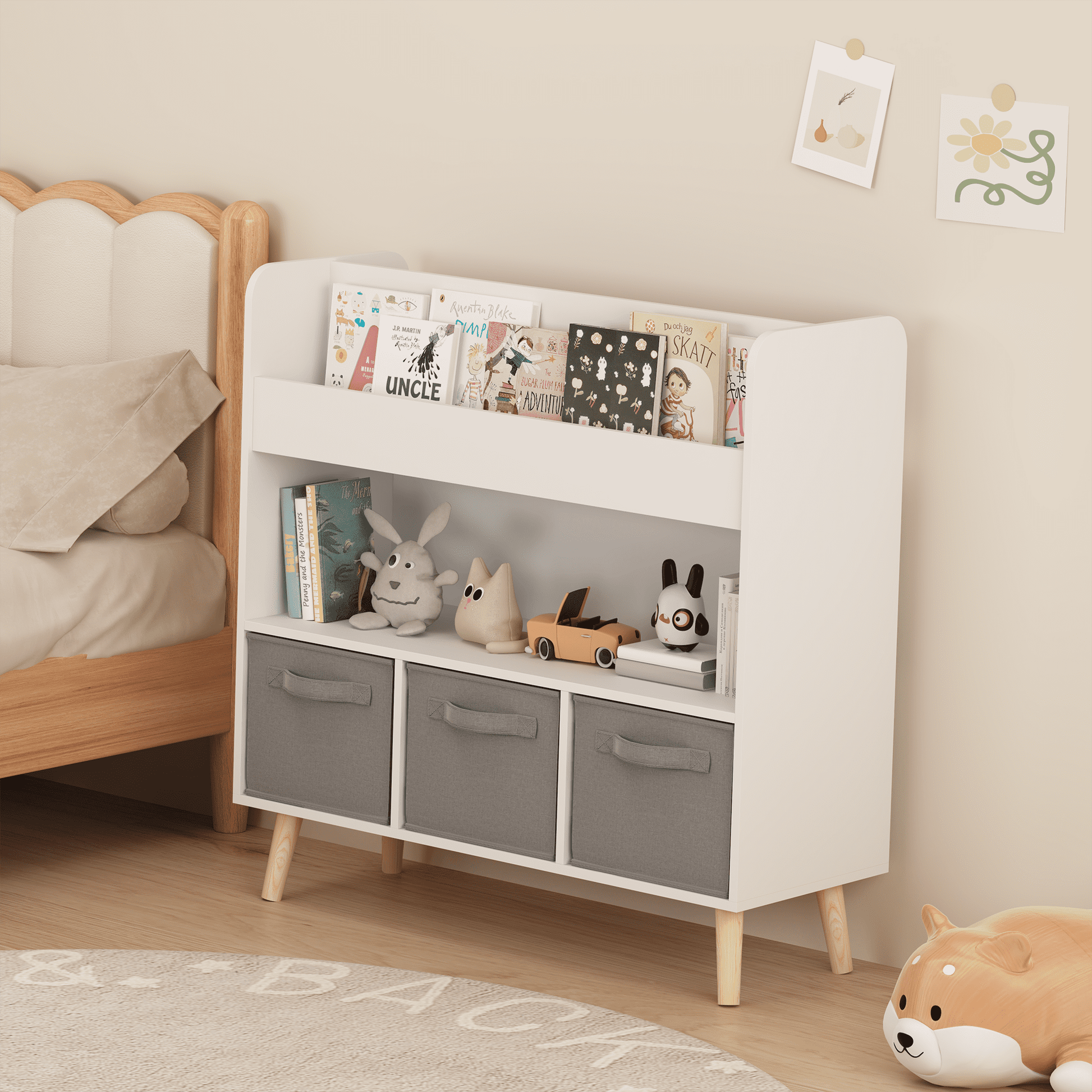 Jopath EstanterÃ­a para NiÃ±os con 3 Contenedores de Tela, Organizador de Almacenamiento Moderno para Sala de Juegos, Dormitorio, Blanco y Gris