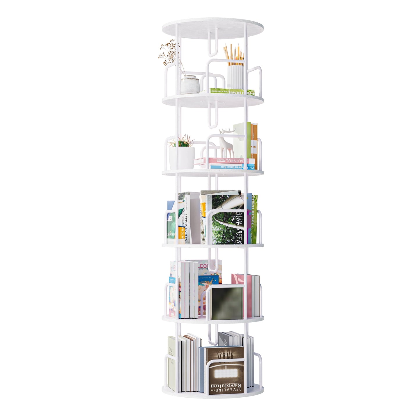 Jopath Living Room Display Shelves,Rotating Bookshelf Tower 5 Tier,360Â° Display Round Spinning Bookshelf,Wood & Metal Stackable Spinning Bookshelf Tower For Bedroom, Living Room,White