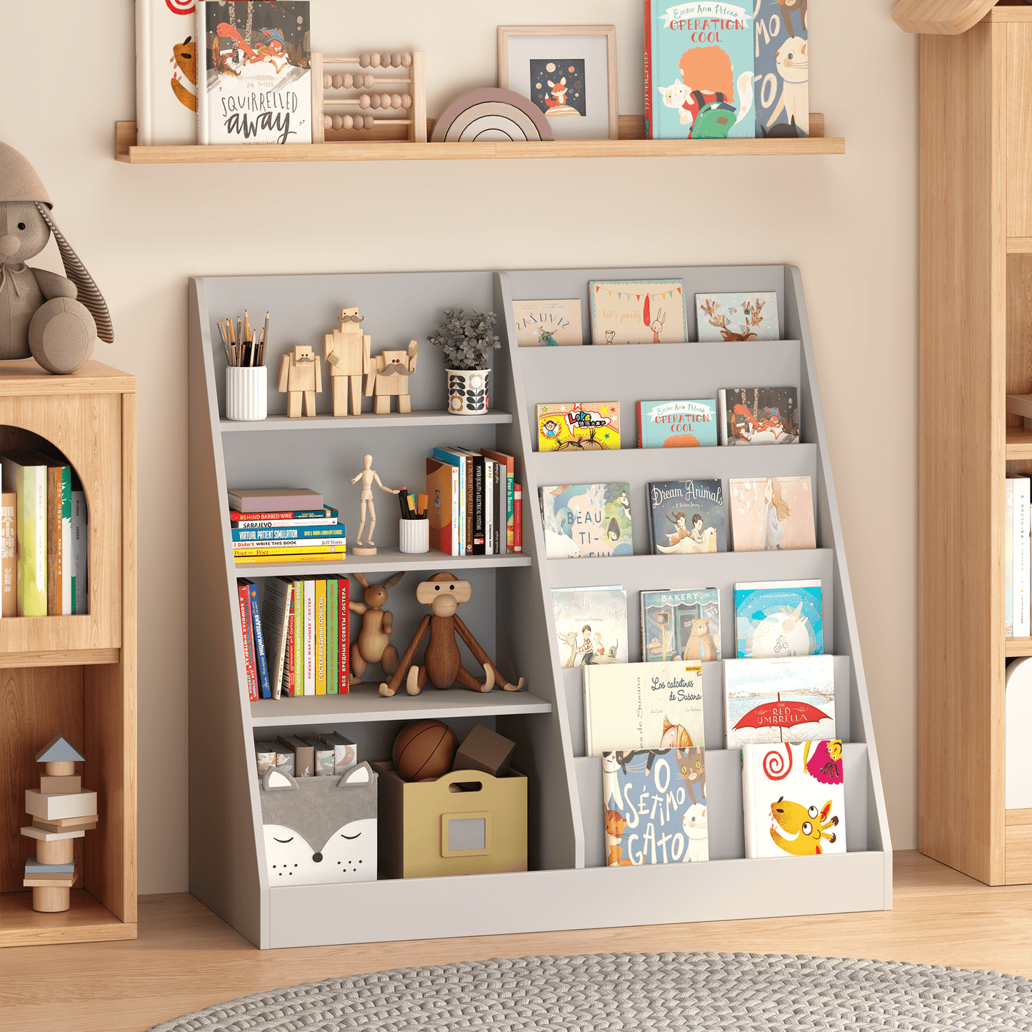 Jopath Multifunctional Kids Bookshelf Toy Storage Organizer,4 Tier Wooden Book Shelf with Display Stand for Playroom,Living Room,Gray