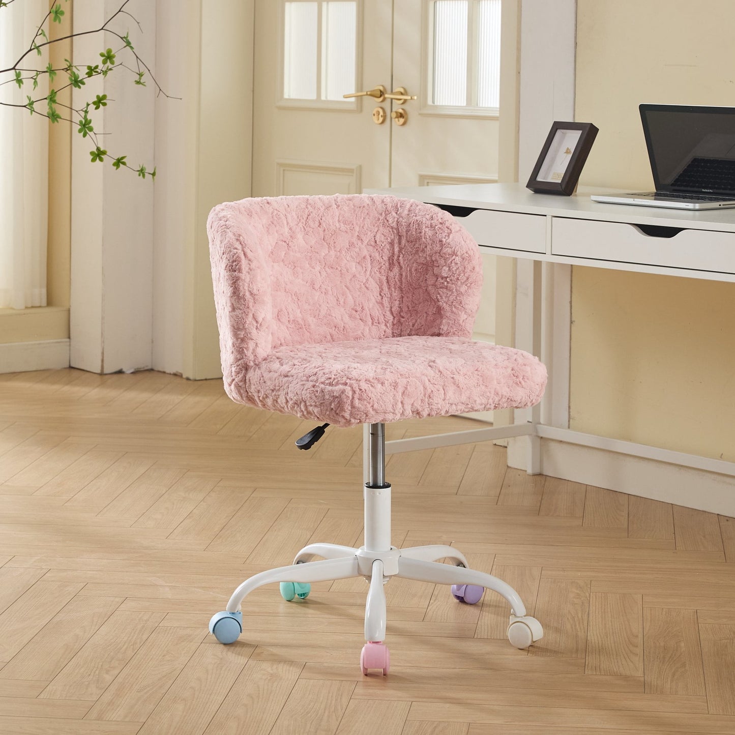 Jopath Office Chair,Artificial Rabbit Hair Home Office Chair with Metal Base Wider seat Adjustable Desk Chair Swivel for Office Vanity (Cream)