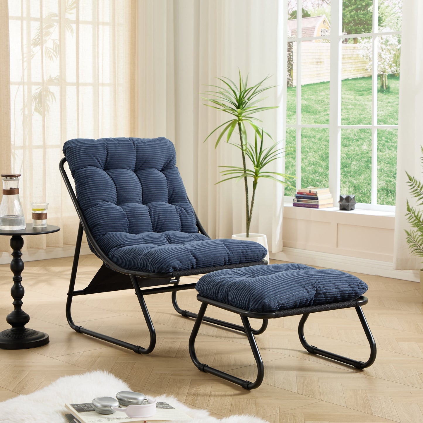 Jopath Outdoor Lounge Chair with Ottoman, Comfy Sling Recliner Chair with Puffy Cushion and Foot Stool for Living Room Bedroom Reading Room Navy Blue