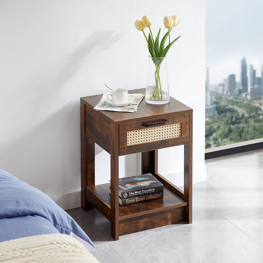 Jopath Rattan Side Table, Modern Nightstand Bedside Table 15.75" Bedside End Table With Drawer, Modern Farmhouse Nightstand For Living Roon, Natural