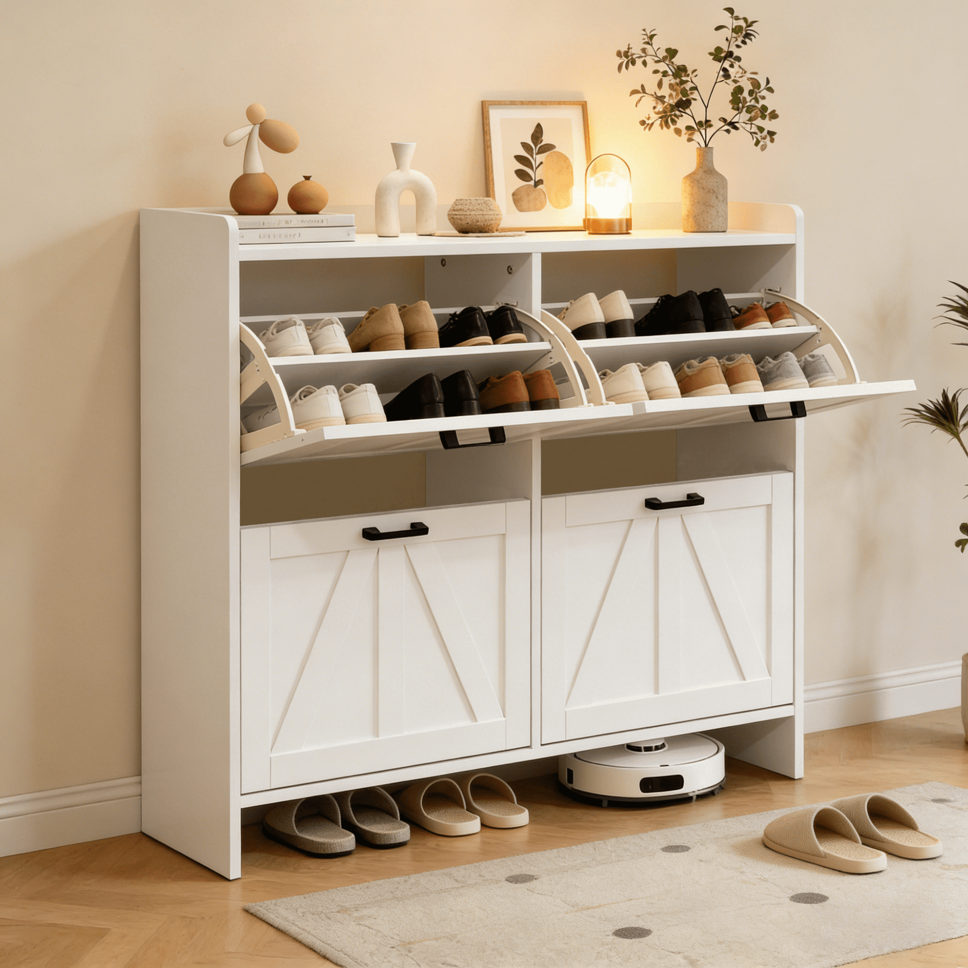 Jopath Modern Fence Shoe Cabinet with 4 Flip Drawers, Sleek Space-Saving for Entryway Living Room Light Oak