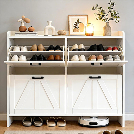 Jopath Shoe Cabinet with 4 Flip Drawers, Sleek Space-Saving Rustic Barn-Door for Entryway Living Room White